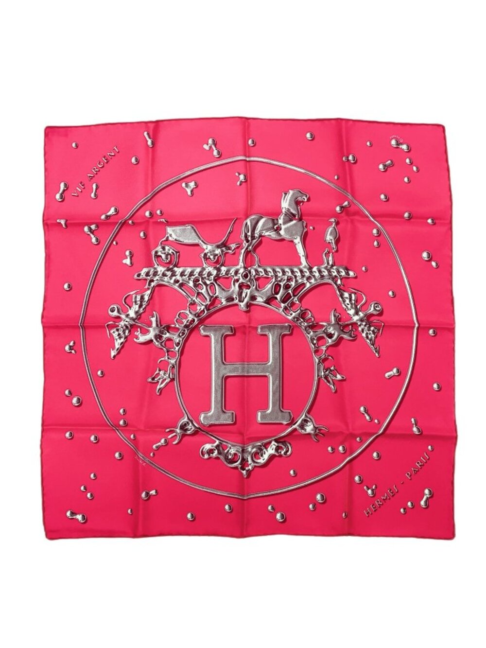 Hermes Carre 45 Vif Argent Silver Shizuku Silk 100% Pink Scarf